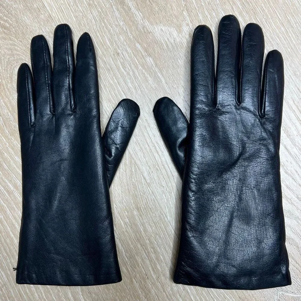 Vintage, Black Genuine Leather Gloves Lux Faux Fur Lined Interior, Women’s Small